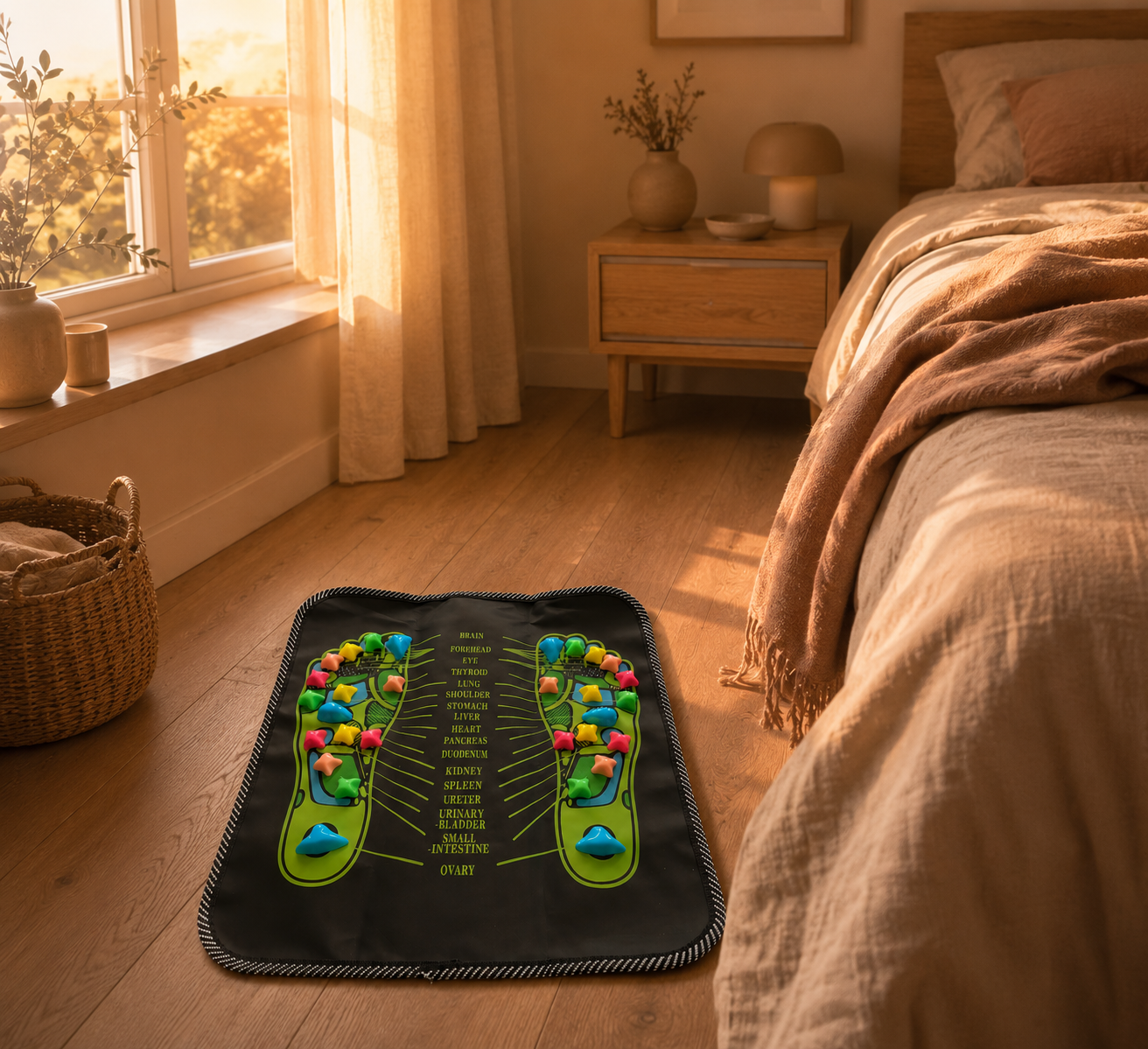 Esterilla de acupresión Tregua en el suelo del dormitorio, junto a la cama, al atardecer